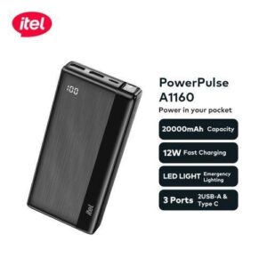 itel PowerPulse A1160 20000mAh Power Bank (Fast Charging, Dual USB Output)