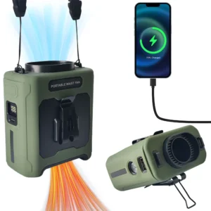 10000mAh Waist Fan Portable Handheld Hanging Neck Fan Ultra-Strong Wind with Phone Charging LED Light for Outdoor Working