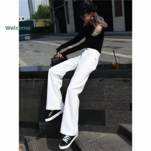 White High Waist Wide Leg Jeans Women's Slimming Versatile Loose Fit Straight Cut Pants Commute Style Cotton Denim Jeans