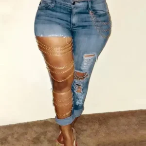CPSYMYM Women's Jeans Spring Chain Decor Cutout Ripped Casual Skinny Daily Long Denim Pants Y2K Streetwear