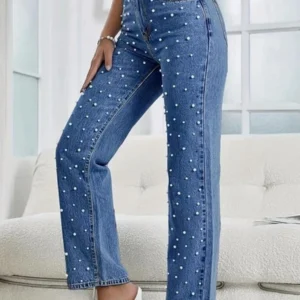 New 2026 Women's Jeans Pants Beading High Waist Casual Straight Pants for Women Streetwear Elegant Splice Denim Female Trousers