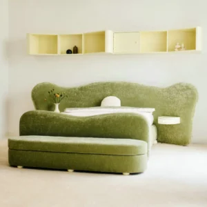 ❁H French Vintage Green Performance Velvet Upholstered King Size Bed Frame with Night Stands Bedroom Wooden Large Beds for Child