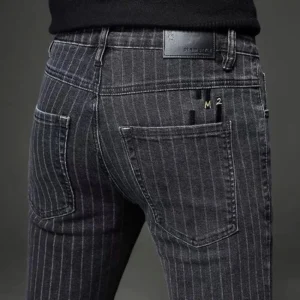 Men's Striped Slim Stylish Casual Pencil Pants Jeans Spring Autumn Korean Trendy Fashion Brand New Elastic Striped Long Trousers