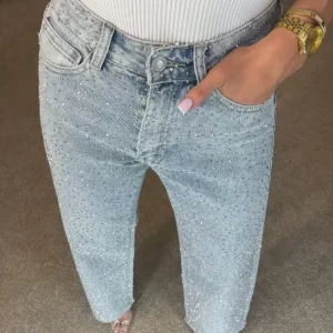 Shiny Rhinestone Jeans Pants Sexy Women High Waist Elegant Night Club Diamonds Denim Straight Trousers