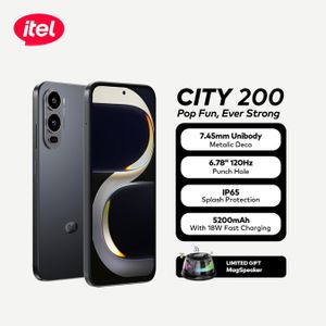 itel City 200  7.45mm" 128/4+4gb Unibody Metallic Deco  6.78" 120Hz IP65 5200mah Android Black + FREE SPEAKER