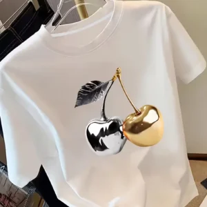 Golden Cherry Printed Women'S Short Sleeved T-Shirt Fashionable Casual, Comfortable Soft Fabric, Spring/Summer Women'S T-Shirt