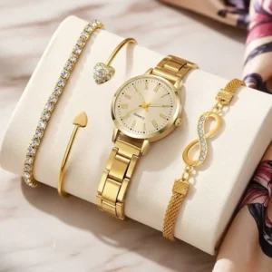 4PCS Fashion Women's Watch Set Trendy Luxury Simple Roman Numerals Scale Round Dial Quartz Watch Bracelet Set Perfect Gift