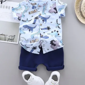2PCS baby and toddler summer full print cartoon spotted dinosaur pattern stand up collar shirt short sleeved shorts set