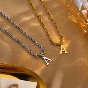 Vintage Initial Necklace for Men Boys,Stainless Steel A-Z 26 Letter Charm Twisted Rope Chain Collars,Minimalist Jewelry Gift