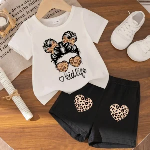 Baby girl cute cartoon leopard print love pattern short sleeved top+casual shorts set for spring and summer