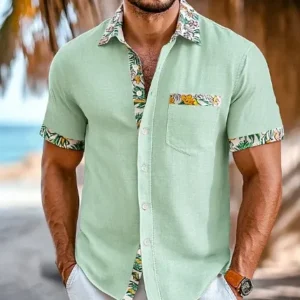 Men's Hawaiian Beach Resort Pocket Loose Color-Block Print Short Sleeve Shirts for Summer