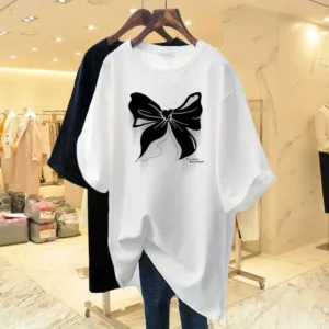Fashionable Cotton Loose Round Neck Bow Print Short Sleeved Summer Women's T-shirt Harajuku European Fashion Top Plus Size