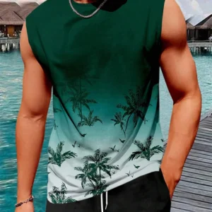 Stylish Men's Vacation Hawaiian Vest Gradient Coconut Print Casual Yacht Party Vest Plus Size Mens Resort Breathable T-Shirt Top