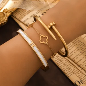 3pcs/2pcs Stainless Steel Four-Leaf Clover Stacked Bracelets Set 18K Gold Plated Couple Jewelry Lucky Charm Holiday Giftf
