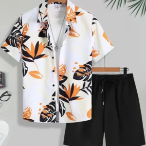 Men's Short-sleeved Shirt Set Blue Ocean Palm Tree Print Hawaiian Seaside Vacation Style Shirt Set