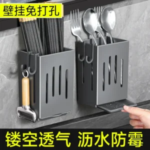 Kitchen Sink Utensil Caddy, Wall Mounted Chopstick Storage Rack with Drain Tray and Hooks, No Drilling Required