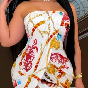 Plus Size Women's Dress Strapless Ruched Wrap Chain Baroque Print Bodycon Mini Dress Luxury Spring Summer Party Stretchy Dress