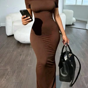 Women‘s Spring Summer Solid Color Sexy Shoulder Bared Bodycon Long Dress One-Shoulder Wrap around Evening Gown