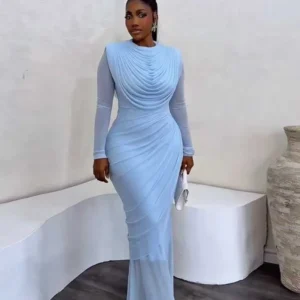 Chic and Elegant Women's Evening Dress Mesh Draped Collar Long Sleeve Bodycon Mid Dress Slim High Waisted Sexy Ladies Dress
