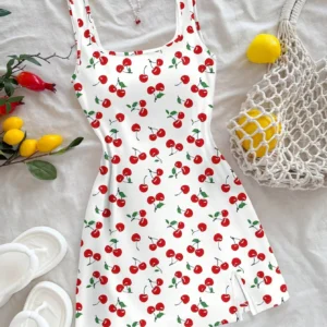 Women's Sexy Vacation Style U-Neck Cherry Print Open Back Side Slit Mini Dress for Spring/Summer