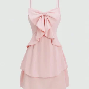 Fashionable women's waist cinched three-layer ruffle edge bow suspender dress